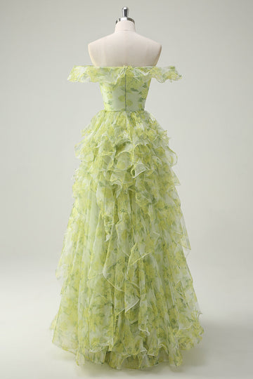 Dusty Sage Floral Ruffled A-Line Square Neck Long Ball Dress